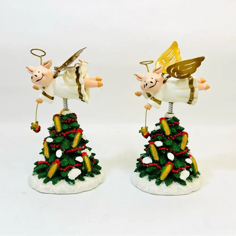 SET OF 2 Hand Painted Resin Christmas Tree with Piggy Angel Bobblehead Topper